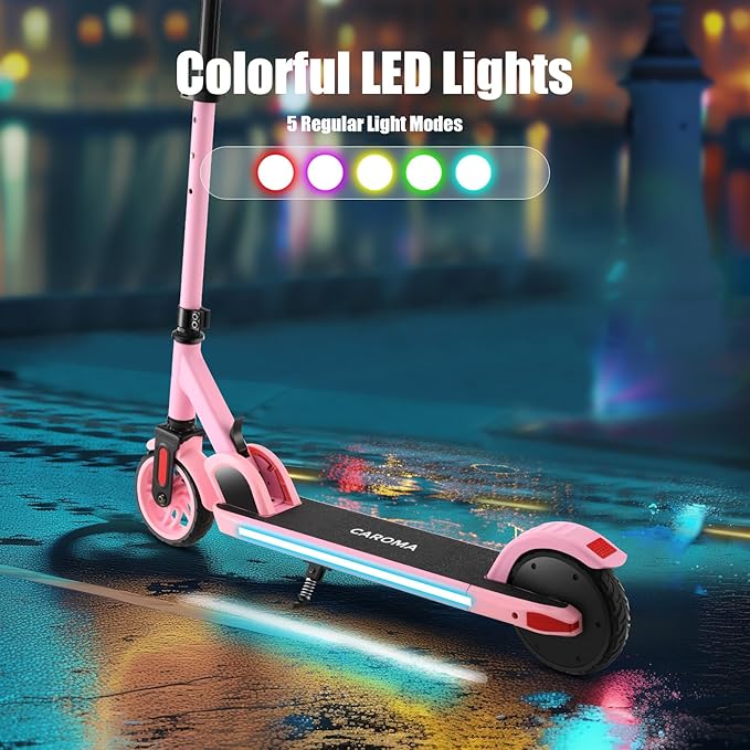 Caroma Electric Scooter for Kids Ages 6-14, 180W/150W Motor & 10 Mph, 85 Mins Ride Time, Adjustable Height & Speed, LED Display & Colorful Lights, Kids Electric Scooter, Best Gifts for Girls and Boy