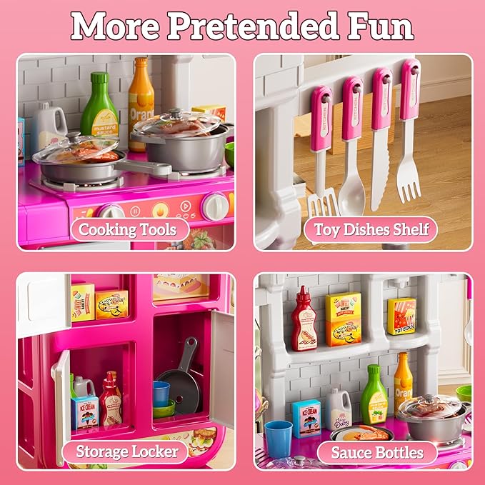 Kids Kitchen Playset for Ages 3-6 4-8, Play Kitchen with Light, Sound and Spraying, Sink Toy Accessories, Cooking Stoves, Pretend Food Toys for Toddlers 3-5 Boys Girls 6-12