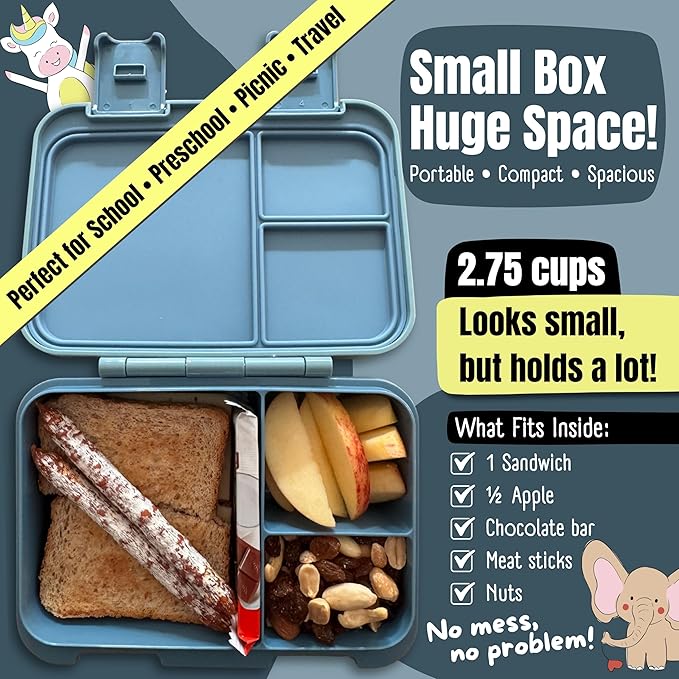 Kids Lunch Box with Compartments – Compact & Lightweight | Leak-Proof, BPA-Free, Dishwasher & Microwave Safe | Hand-Drawn Design for Preschool, School, Travel (Astro Bear Blue, 2.75 Cups)