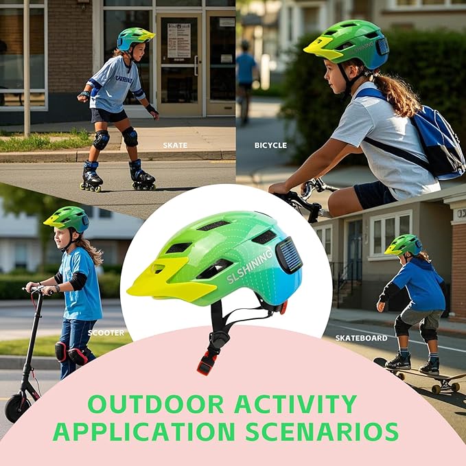 Kids Bike Helmet for Boys Girls: Helmets for Children and Adolescents 5-14 Years Old，64-Pattern LED Light Adjustable Kid Helmet Multi-Sport Protection