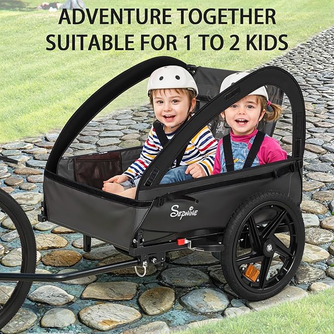 Sepnine Kids Bike Trailer, 2 in1 Canopy Carrier Converts to Stroller Suitable for 1 to 2 Kids, 12+ Months, Quick Attach to Bike, Foldable, with 5-Point Harness and Storage Bags