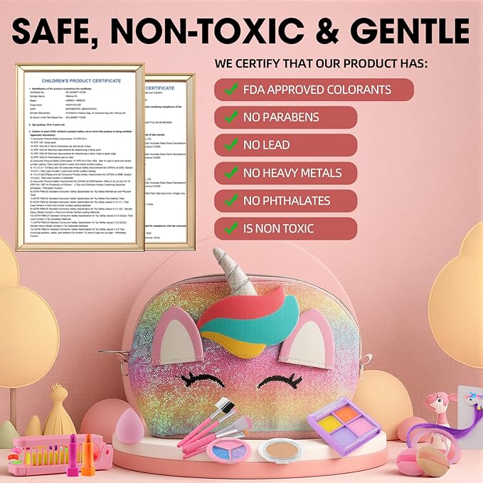 21 Pcs Kids Makeup Kit for Girls with Large Unicorn Travel Makeup Organizer, Washable Pretend Cosmetic Play Set with Portable Vanity Makeup Bag, Princess Make Up Gifts for Girls Ages 3+