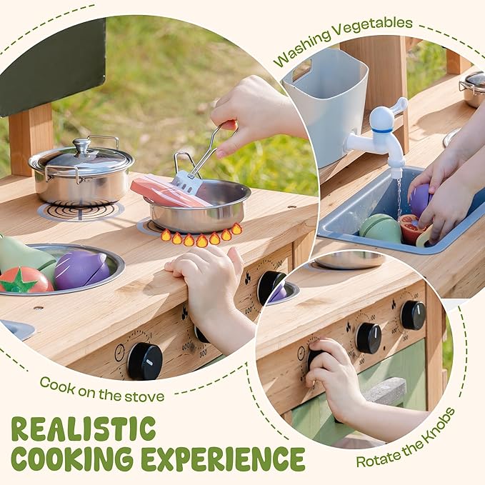 ROBUD Outdoor Play Kitchen for Kids, Wooden Kids Mud Kitchen Set with Removable Sink, Planting Cup, Oven, Chalkboard, Utensils & Storage, Green Outdoor Playset for Ages 3+
