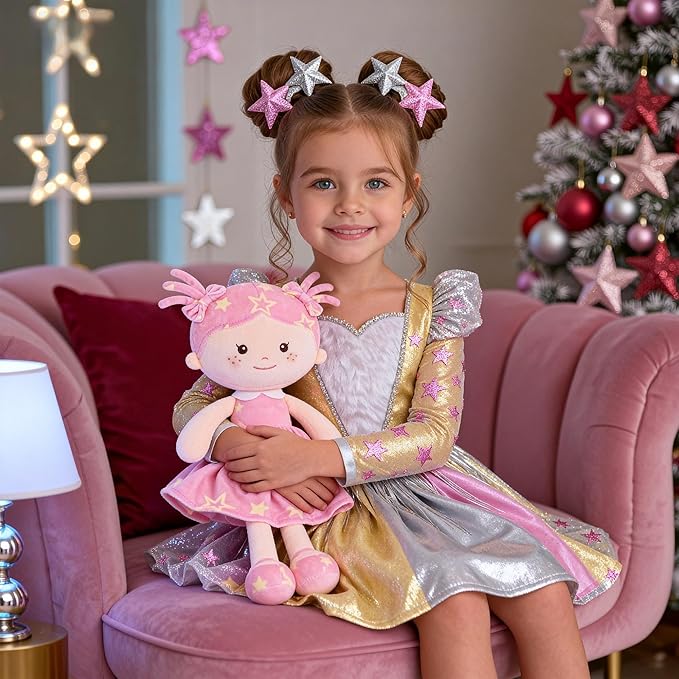 Onetoo First Baby Doll Plush Baby Girls Dolls Rag Doll Soft Baby Doll for Girls Sleeping Cuddle Buddy Doll Wear Star Pink Sleeveless Dress 14"