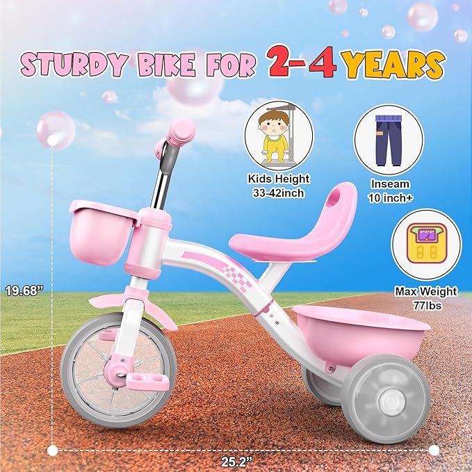 Toddler Tricycle for 1-3 3-4 Year Olds, Toddler Toys Baby Bike, Toys for Ages 2-4, 3-Level Adjustable Seat, 3 Colorful Lighting Wheels, 2 3 4 Year Old Girl Birthday Gifts Pink