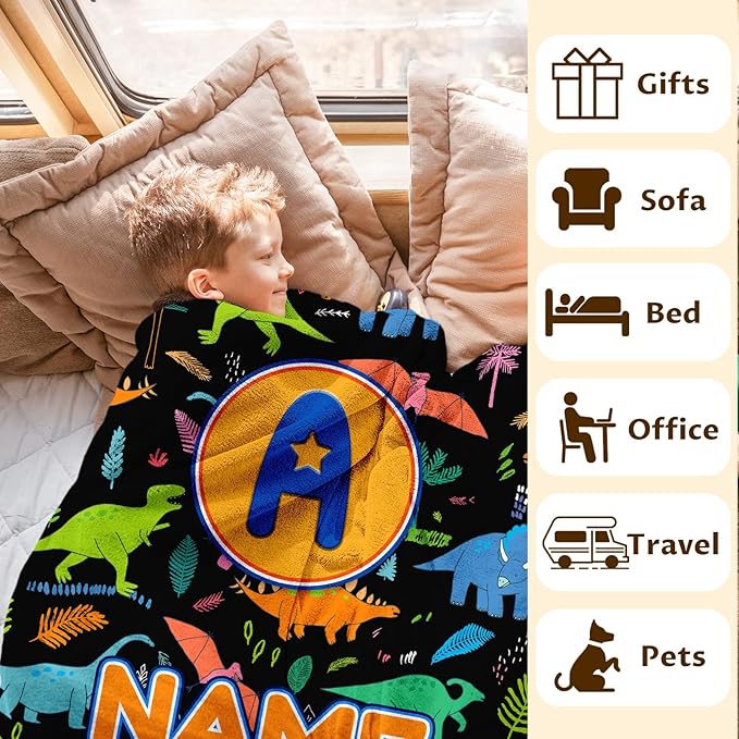Blankets for Boys Personalized Monogram Throws Gifts, Custom Name Soft Cozy Cute Dinosaur Blanket for Kids Toddlers Teens Accessories Decor for Sofa Couch Bedroom Living Room Home