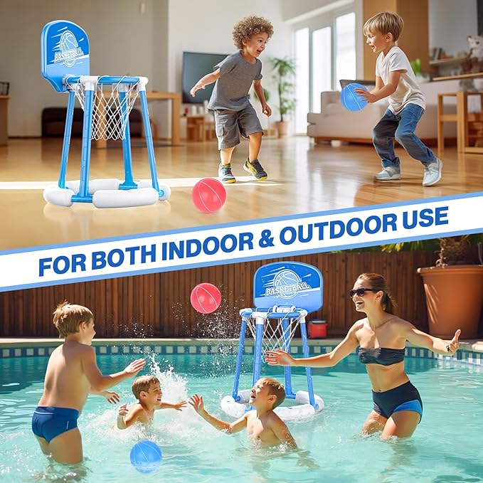 Pool Basketball Hoop with Backboard, Floating Pool Toy with 4 Balls and Pumps, Pool Basketball Game Outdoor Toy for Kids Adults Family Party Water Summer Toys (Red) (Blue-with Board)