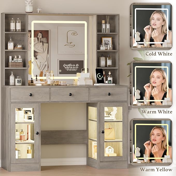 Makeup Vanity Desk with Mirror and Lights, 43" Grey Vanity with Glass Top, Jewelry Storage, 3 Drawers & Glass Cabinets, Power Outlet & Adjustable LED Lights, Dressing Table for Women & Girls Bedroom