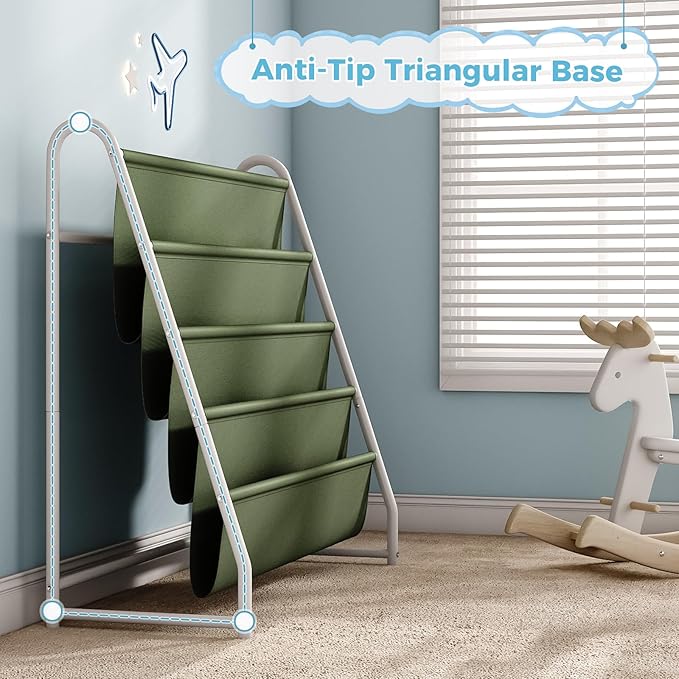 Tatub 4 Tier Kids Bookshelf for Kids Rooms, Metal Children Book Rack Montessori Bookshelf, Toddler Sling Bookrack Display for Nursery, Green