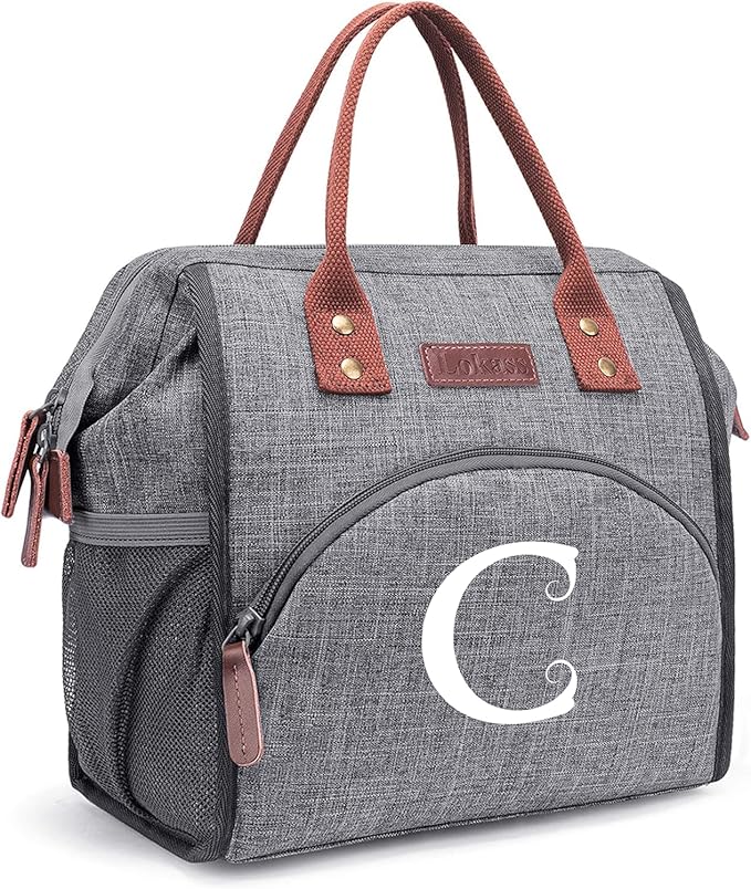 Personalized Lunch Box for Women, Initial Reusable Insulated Lunch Bag, Wide-Open Adult Lunchbox Cooler Lunchbag, Leakproof Lunch Tote for Picnic Work Outdoors, Christmas Gift for Women, Grey - C