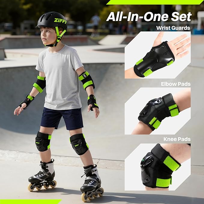 ZIFFY Knee Pads for Kids, Adjustable Knee and Elbow Pads Set with Wrist Guard, Protective Gear for Boys Girls Skateboard Roller Skating Cycling Bike – 2 Sizes, 4 Colors by Jova