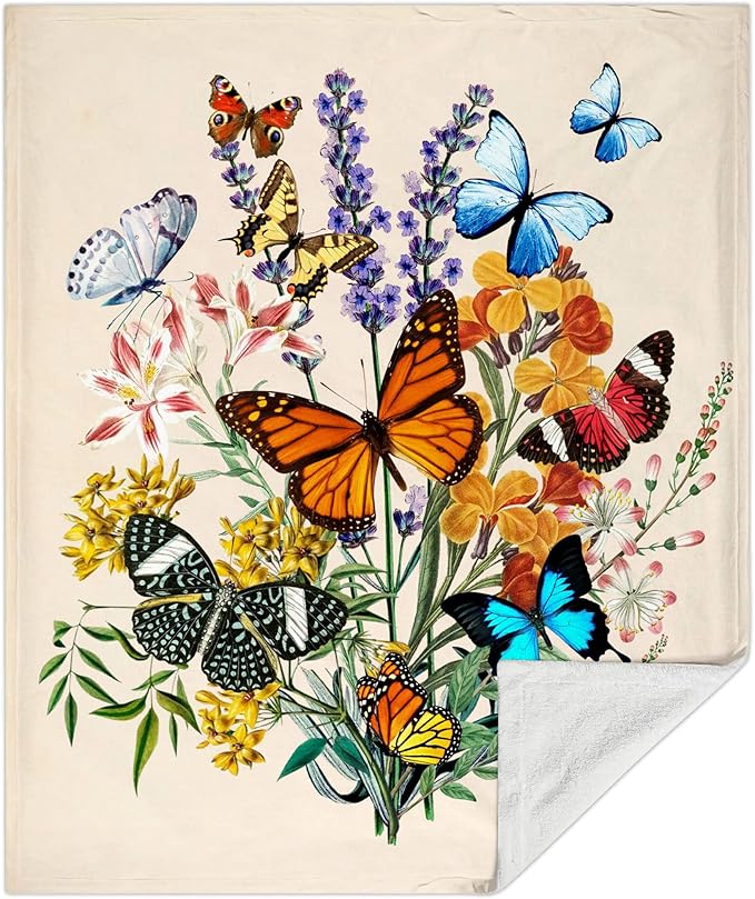 Butterfly Blanket Beautiful Butterfly Throw Blanket Ultra Soft Flannel Vintage Botanical Butterflies Blanket Gifts for Kids Adults 50"X40"