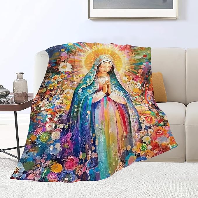 Virgin Mary Blanket Catholic Christian Throw Blankets Religious Gifts for Women Men Faith Prayer Soft Cozy Fleece Plush for Couch Sofa Bed 80"x60"