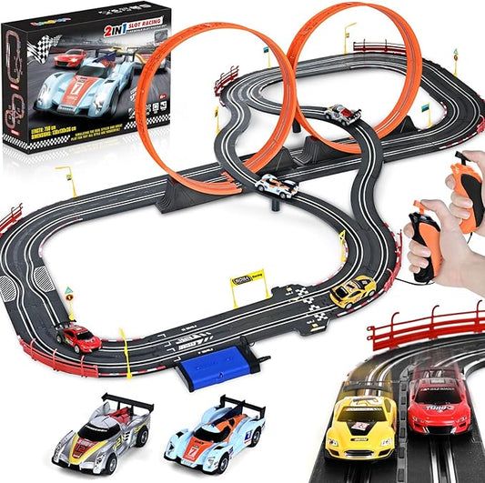Boy Toys Gifts for 6 7 8-12 Years Old, Slot Car Race Track Sets with 4 Slot Cars, Battery or Electric Car Track for Boys, Dual Racing Game Lap Counter Circular Overpass Track Gifts for Kids