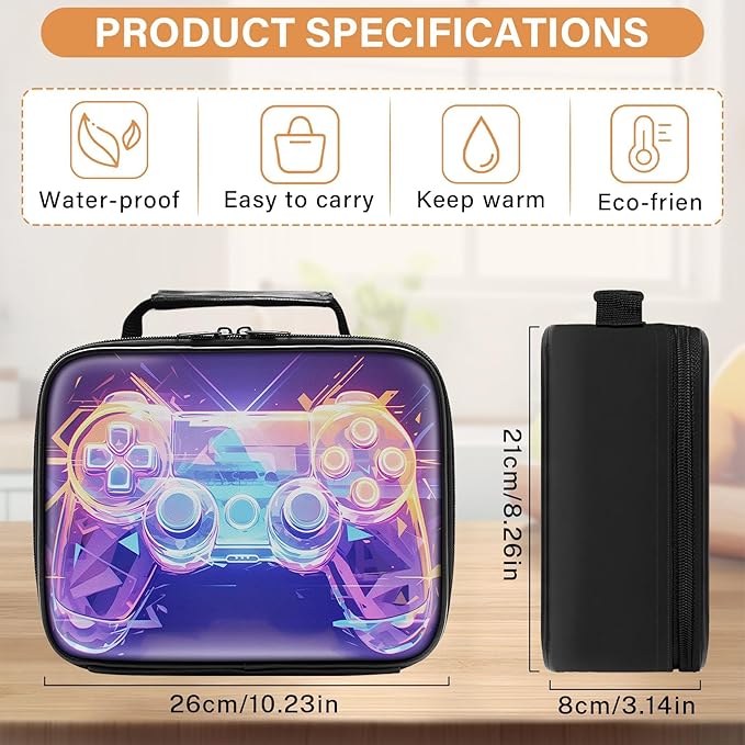 Gamer Lunch Box for Boys,Leather Boys Lunch Bag for Kids,Gamer Gifts for Kids,Insulated Video Game Lunchbox,Reusable Portable Lunchbox for School Travel Picnic Hiking Beach