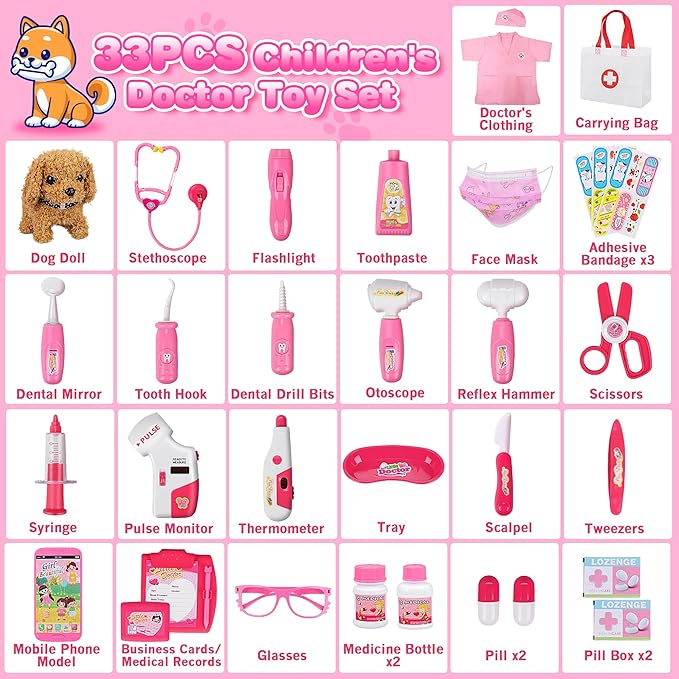 33Pcs Pet Doctor Kit for Toddlers - Dress Up Costume & Pretend Doctor Play Set with Dog Toy, Stethoscope, Pet Vet Roleplay Toys, Christmas Birthday Gifts for Ages 3 4 5 6 7 8 Year Old Boys Girls