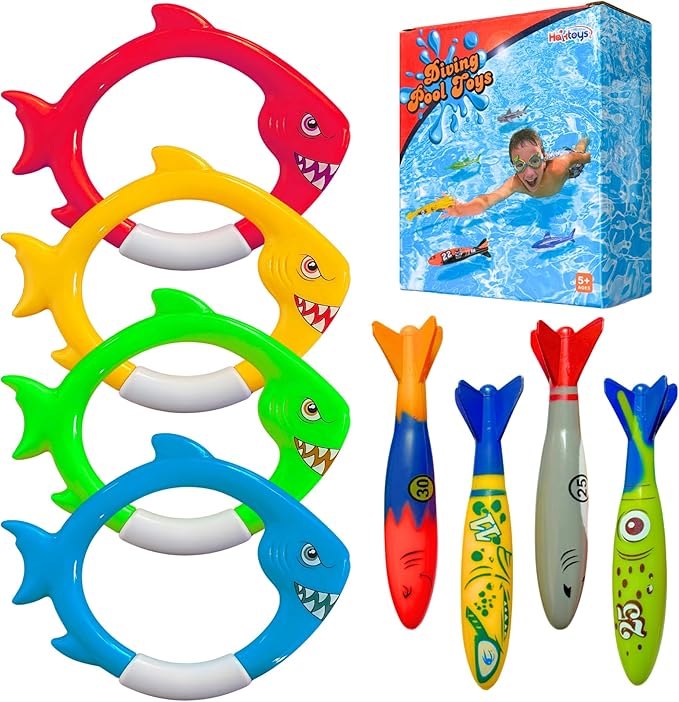 Haktoys Shark Dive Rings & Pool Diving Toys – 8-Piece Sinking Torpedoes and Fish Rings for Kids Swim Training, Boys Pool Games & Underwater Summer Fun
