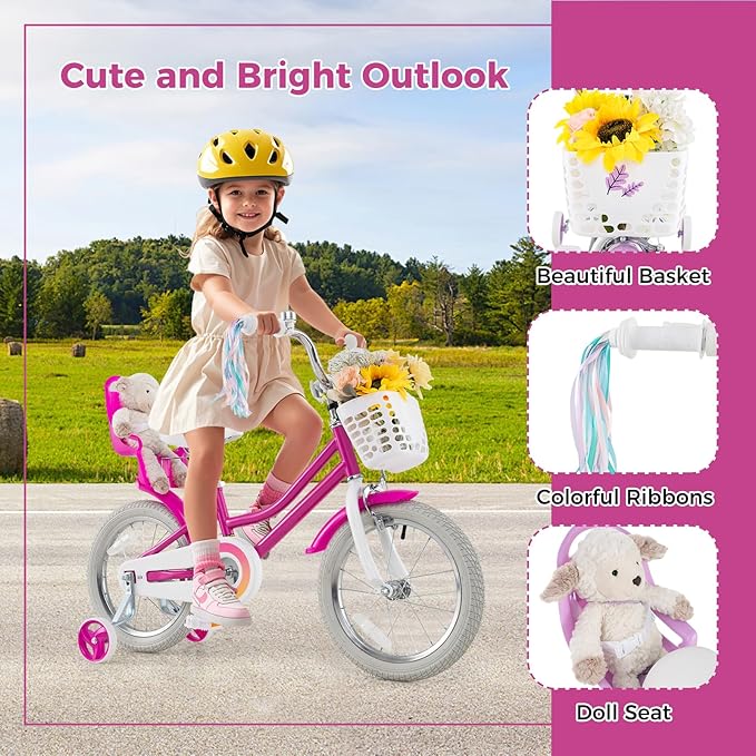 BABY JOY Kids Bike, 12 14 16 18 Inch Children Bicycle w/Detachable Training Wheels, Storage Basket, Adjustable Seat & Handlebar, Bow or Streamer, Girls Bike for 3-8 Years Old