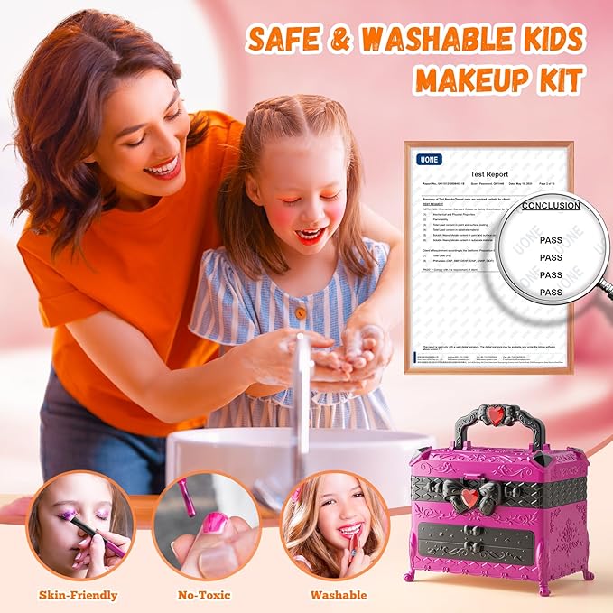 Kids Makeup Sets for Girls, 66pcs Real Cosmetic for Kids Toys with Mirror, Princess Washable Girls Makeup Kit, Non-Toxic & Safe Brithday Gifts for 3 4 5 6 7 8 10 - 12 Years Old（Light Rose）