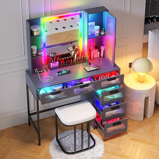 HNEBC Grey LED Vanity, Makeup Vanity with RGB Lights and 6 Drawers for Bedroom, Makeup Desk with USB/Wireless Charging, Dressing Table with Shelves/Cabins/Stool, Vanity Table Set as Gifts for Girls