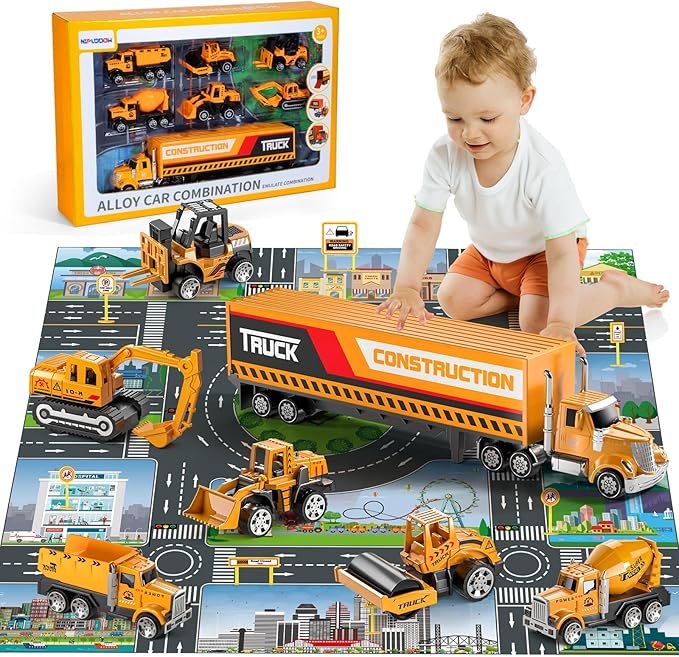 Construction Toys for 3 4 5 6 Years Old Boys Girls Kids, Die Cast Metal Truck Toys W/Play Mat, Sand Toys Trucks Excavator, Dump Truck, Road Roller, Cement Mixer, Car Toys Set for Kids Toddler