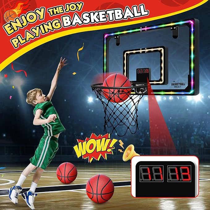 NZQXJXZ Extra Large 26" x 17" Pro Indoor Basketball Hoop Over The Door with LED Lighting Electronic Scoreboard, Mini Basketball Hoop for Kids, for Boys Girls Teens Adults W&B