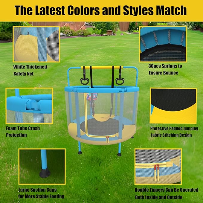 LANGXUN 60" Trampoline for Kids, 5ft Toddler Mini 6-in-1 Trampoline Indoor Outdoor with Swing, Basketball Hoop, Dart Board, Rings, Christmas Toys Birthday Gifts for Girls Boys