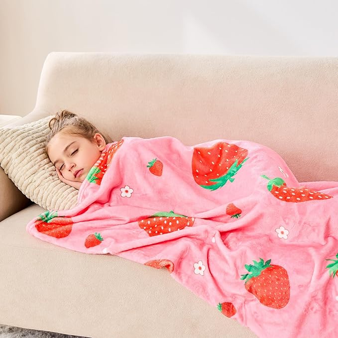 Wajade Kids Pink Strawberry Throw Blanket for Girls Teens Women Soft Fuzzy Flannel Bed Blanket for Kids Adults Plush Christmas Birthday Gifts 50”x60”