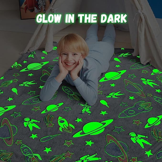 Glow in The Dark Blanket,Space Gifts Toys for Boys Girls, Astronaut Birthday Presents Decor for Kids Age 3-14 Year Old Son Teen Child Toddler Luminous Christmas Bedroom Throw Blanket 50"x60"