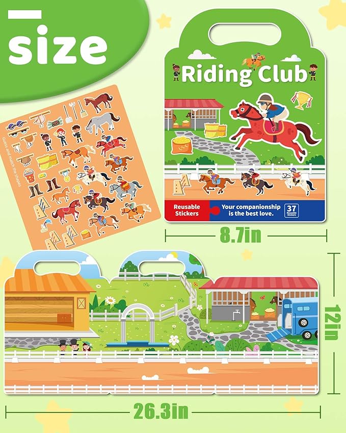 Benresive Reusable Sticker Book for Toddlers 2-4 Years, Fun Travel Stickers for Kids, Waterproof Sticker Books for Toddlers 1-3, Crafts Activities for Toddler 1-3 2-4 3-5 - Riding