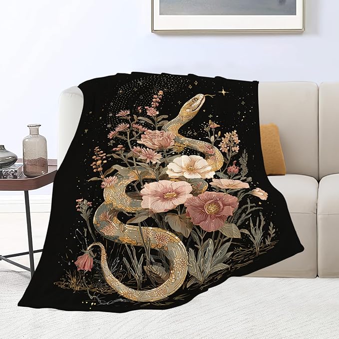 Golden Snake Blanket Fantasy Floral Reptiles Throw Blankets Gifts for Girls Boys Kids Snake Lover Soft Cozy Fleece Plush for Couch Sofa Bed 60"x50"