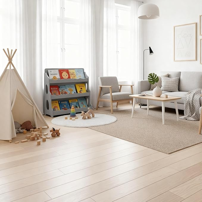 Kids Bookshelf Wooden Montessori Book Shelf Dutch Design 3Tier Scalloped,TranquilGrey