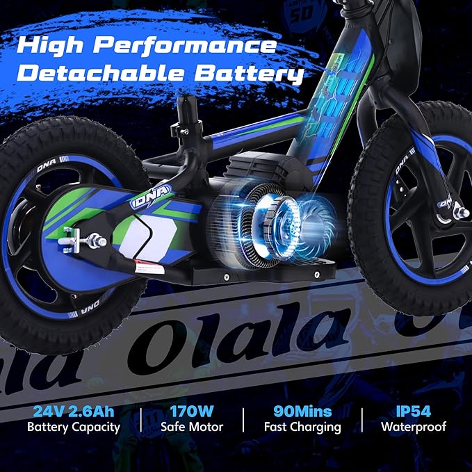 OLALA Electric Dirt Bike for Kids Aged 3-6, 170W Racing Grade Electric Motorcycle, New Aluminum Frame with 2 Power Modes, 24V Detachable Battery, 12IN Knobby Tires
