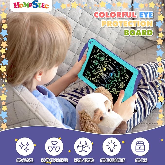 [ClimatePartner Certified] HOMESTEC Astrodraw Drawing Pad, Colorful LCD Writing Tablet for Kids, Doodle Board for Toddlers 3 4 5 6 Years Old, Travel Toy Birthday Gift for Boys Girls (Aqua/Purple)