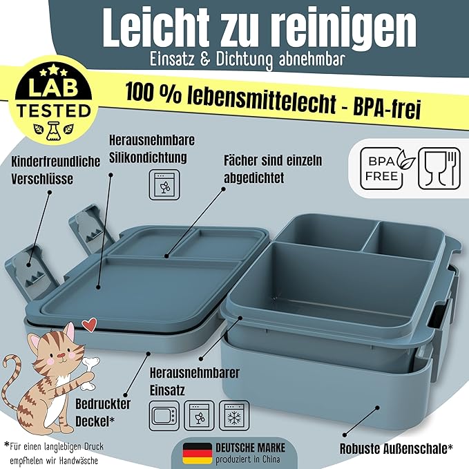 BEARFOOT Kids Lunch Box with Compartments – Compact & Lightweight | Leak-Proof, BPA-Free, Dishwasher & Microwave Safe | Hand-Drawn Design for Preschool, School, Travel (Dog & Cat Blue, 2.75 Cups)