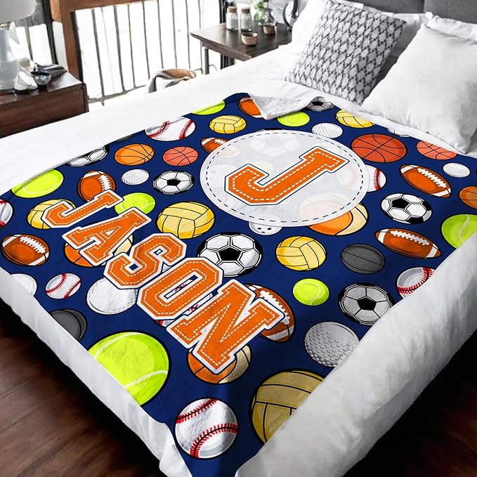 Gift for Boys, Personalized Sport Throw Blanket with Initial for Kids Toddler Teens Sports Lovers, Custom Soft Fuzzy Blankets for Bed Couch Sofa Decor(4 Sizes Optional)