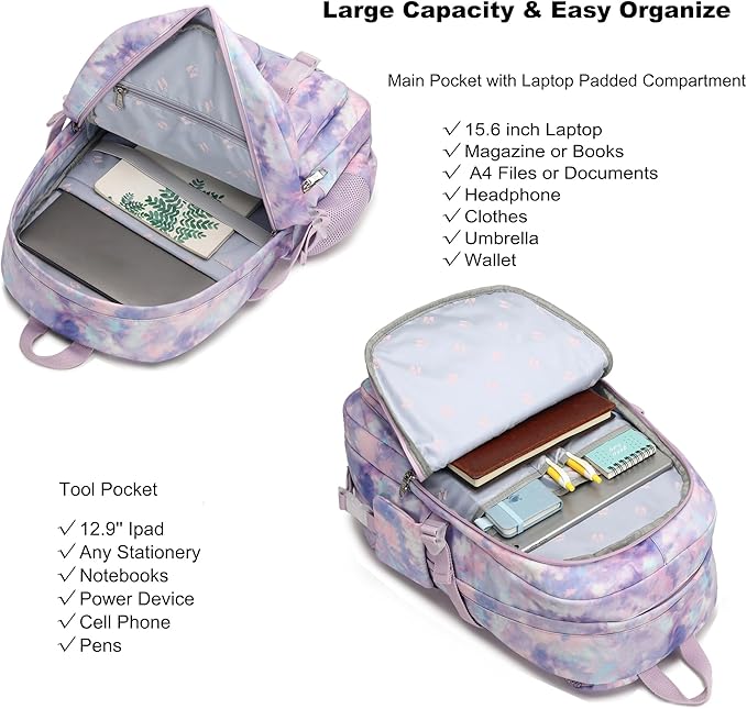 Hidds Laptop Backpacks 16 Inch School Bag College Backpack Anti Theft Travel Casual Daypack Bags Cute Bookbags Large Colorfull Carry on Back Pack for Teens Girls Women Students (Tie-Dye Purple)