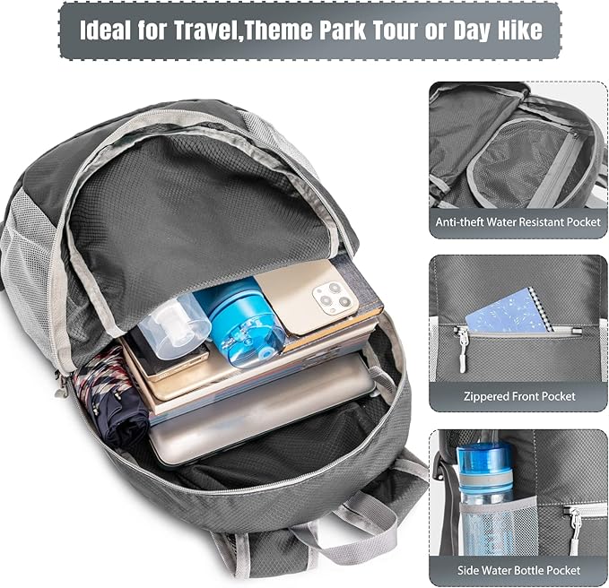 ZOMAKE Ultra Lightweight Hiking Backpack 20L, Packable Small Backpacks Water Resistant Daypack for Women Men(Medium Grey)