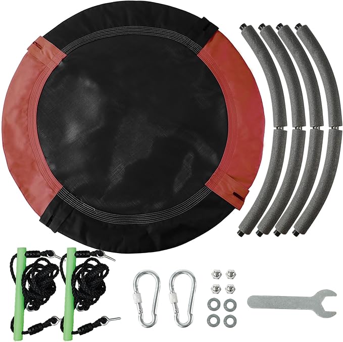 Black Round Saucer Swing with Handles -Made of Sturdy Frame,PP Mat,Adjustable Multi-Strand Ropes,Safe and Durable for Yard Garden Playground Park (Black and Red, 40 inches)