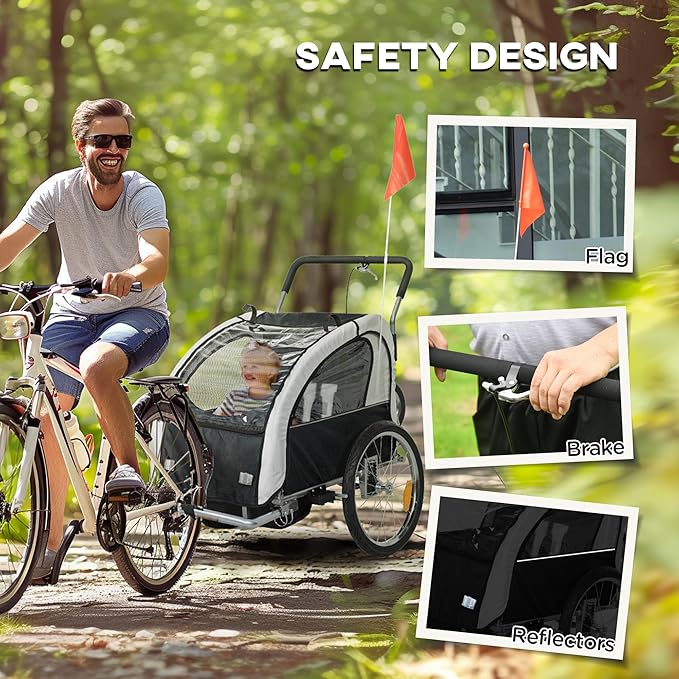 Aosom Elite 360 Swivel Bike Trailer for Kids Double Child Two-Wheel Bicycle Cargo Trailer with 2 Security Harnesses