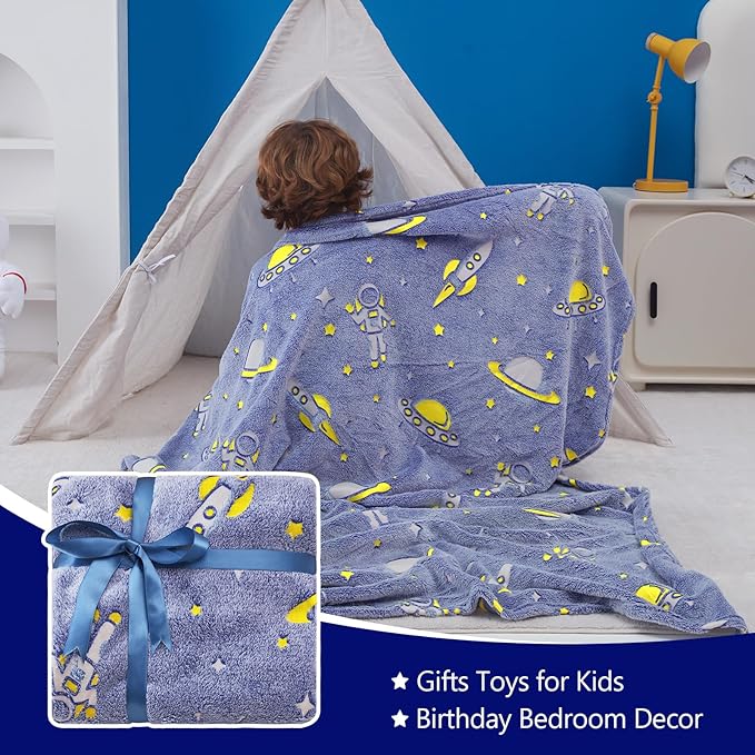 QSTEHEML Space Glow in The Dark Blanket,Galaxy Gifts Toys for Kids Boys Age 3-12 Years Old,Birthday, Decor for Child, Toddler, Teen and Grandkids Soft Throw 50"×60"