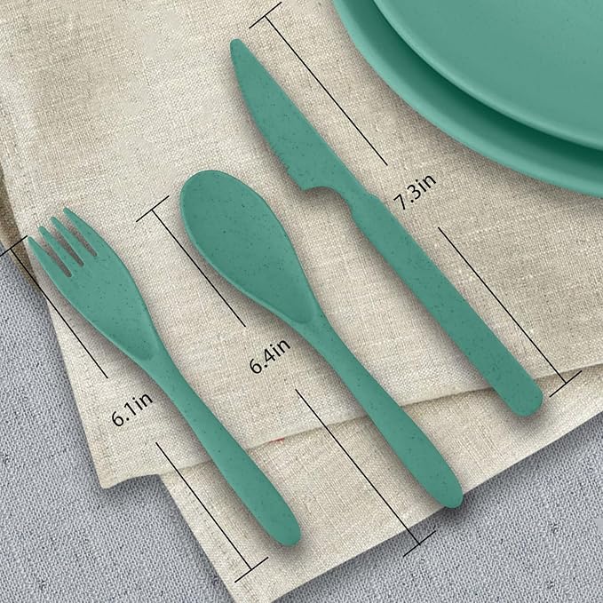 Wrova 64-Piece Service for 8 Dinnerware Set - Unbreakable Wheat Straw Dinnerware sets of 64 - Dinner plates/Snack plates/Cereal bowls/Drinking Cups/Cutlery for Outdoor camping and indoors.Green