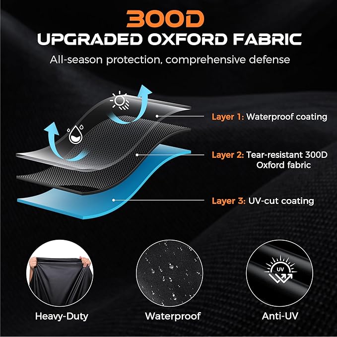 Motorcycle Cover Waterproof Outdoor, 300D Heavy Duty, UV & Rain Resistant, Windproof with 3 Buckles, Fits Most Motorcycles, Cruisers, Sportbikes, Dirt Bikes, Scooters up to 96.5" - XXL Size