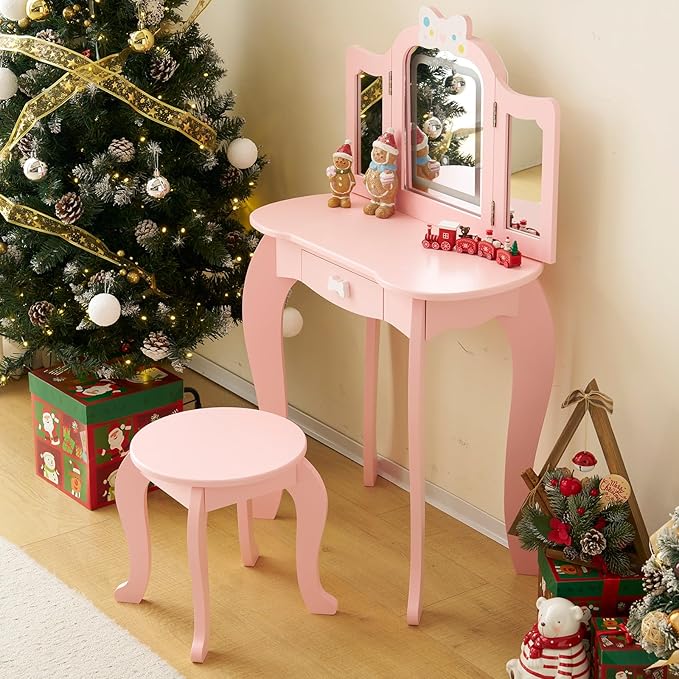 Kids Vanity Table and Chair Set, Girls Vanity Set with Mirror & 3-Color LED Lights, Pretend Play Kids Vanity with Drawer & Cute Bow Print, Makeup Dressing Princess Table for Girls, Pink
