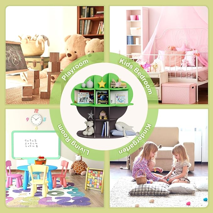 Green Tree Kids Bookshelf Toddler Bookcase 4-Tier Baby Book Rack Children Toy Storage Organizer Forest Wood Display Shelf for Nursery Playroom Bedroom Classroom School Homeschooling Boy Girl’s Gift