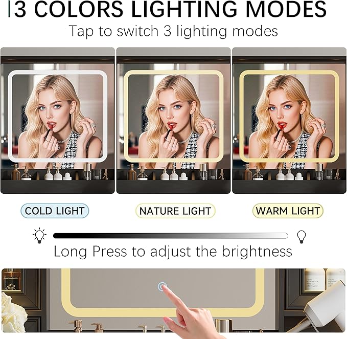 43'' Makeup Vanity with Mirror and Lights, Farmhouse Vanity Desk with Drawers & Charging Station, 3 Lighting Modes & Adjustable Brightness, Glass Cabinet, Dressing Table for Bedroom, Black