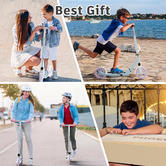 PHOEROS Kick Scooter for Kids Ages 6-12,Teens & Adults, Youth. Lightweight Aluminum Kick Scooter for Teens Adults Boys Girls with 8 inch Big Wheels, Foldable, 3 Height Adjustable, Shock Absorption.