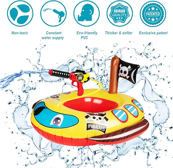 2 Pack Inflatable Kids Pool Floats with Water Gun, Pool Toys for Kids Ages 4-8, Blow Up Toddler Pool Floats, Swimming Pool Game Toys, Fire Truck and Pirate Ship Floaties for Boys Girls and Child