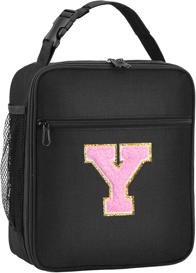 Initial Insulated Lunch Bag, Lunch Box with Initial Letter Patch for Teen Adult, Reusable Lunch Bag for Men Women, Ideal Back to School Gift Birthday Gift, Pink Y