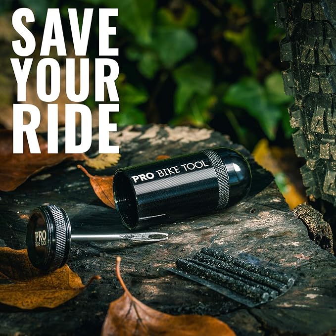 PRO BIKE TOOL Tubeless Bike Tyre Repair Kit – for MTB and Road Bicycle Tyres – Fix a Puncture or Flat, Fast – Tackle Set Includes Storage Canister, Plugger Tool and Plugs